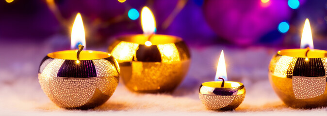Nice colorful decorative background with gold colored lighted candles with glitter and reflections.
