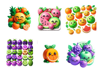 Fruits and vegetables emoticons set isolated on white background. Vector illustration