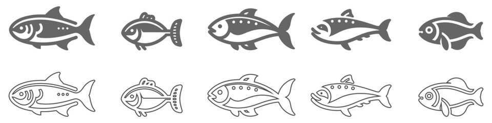 Set of 10 minimal fish icons showing aquatic animals with various fins, scales, tails and gills swimming in water, as a skeleton or in a bowl