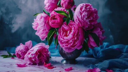 a bouquet of pink peonies in a vase on a blue and white clothed tableclothed surface.
