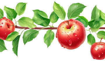 Red apple banner with branches leaves on white or transparent background