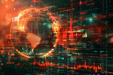 A globe with financial graphs and trends on a futuristic interface.