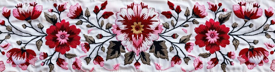 Embroidery floral pattern on fabric. Seamless background