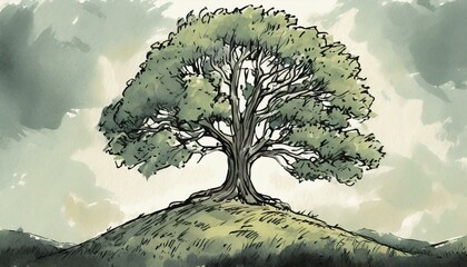 Drawing of a tree on top of a hill