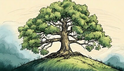 Drawing of a tree on top of a hill