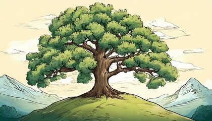 Drawing of a tree on top of a hill