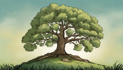 Drawing of a tree on top of a hill