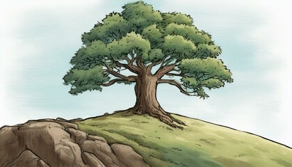 Drawing of a tree on top of a hill
