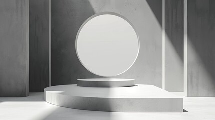 Minimalist Stage Design with Oval Mirror and Concrete Backdrop