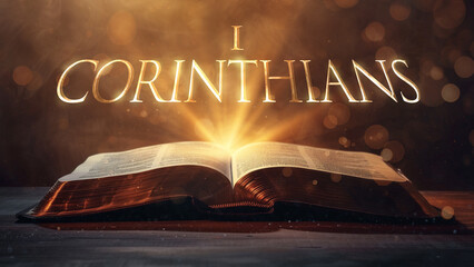 Book of 1 Corinthians. Open bible revealing the name of the book of the bible in a epic cinematic presentation. Ideal for slideshows, bible study, banners, landing pages, religious cults and more.