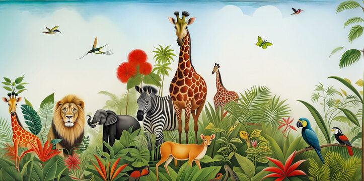 Large group of African safari animals. Jungle, tropical illustration. Lion, parrots, giraffe, zebra, elephant, palm trees, flowers. Safari wild African animals. 