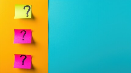 three sticky notes with a question mark and a question mark on them on a blue, yellow, and pink background.