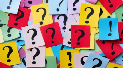 a pile of colorful paper with a question mark on one side and a black question mark on the other side.