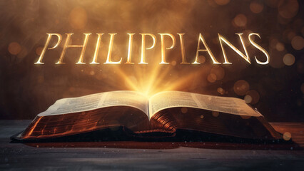 Book of Philippians.  Open bible revealing the name of the book of the bible in a epic cinematic presentation. Ideal for slideshows, bible study, banners, landing pages, religious cults and more. - obrazy, fototapety, plakaty
