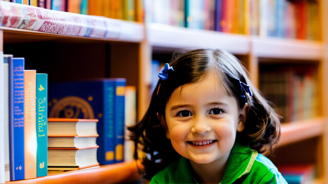 Smiling little girl in front of shelves full of books in a library.