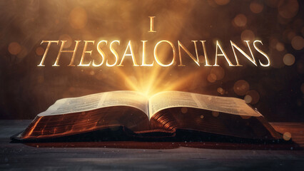 Book of 1 Thessalonians. Open bible revealing the name of the book of the bible in a epic cinematic presentation. Ideal for slideshows, bible study, banners, landing pages, religious cults and more.