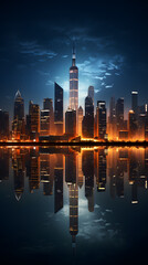 Fototapeta na wymiar a brief city skyline at night, city lights and water reflections, and modern mobile wallpaper aesthetic, photography, smartphone camera Generative AI