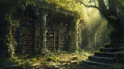 Fototapeta na wymiar An ancient library in a hidden forest, overgrown with ivy, books filled with forgotten lore, mystical ambiance, sunlight filtering through leaves. Resplendent.