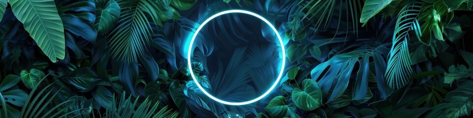 blue neon light ring among dark green tropical foliage at night, graphic layer template for product or text - obrazy, fototapety, plakaty