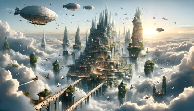 An enchanting floating city amidst clouds with airships and futuristic architecture