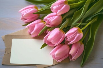 Elegance in bloom Bouquet of pink tulips with a card