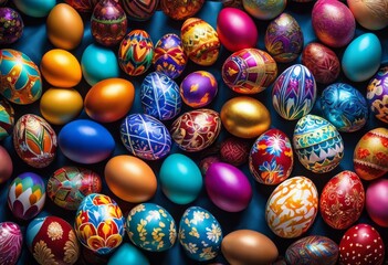illustration, vibrant close photography decorated easter eggs featuring spectrum colors intricate patterns, artistic, backdrop, bright, celebration, colorful