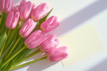 Spring delight Pink tulips bouquet with a greeting card