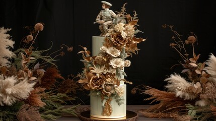 a three tiered wedding cake decorated with flowers and a figurine of a man on top of it.