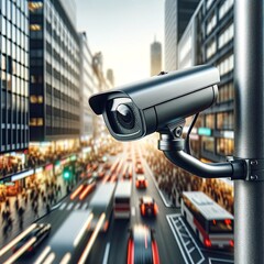 Urban Surveillance Camera with City Street Lights Background