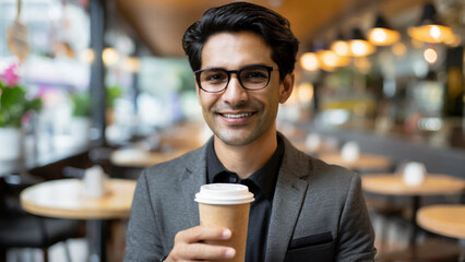 Portrait of young man holding disposable cup of coffee in a cafe - 750924914