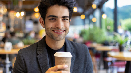 Portrait of young man holding disposable cup of coffee in a cafe - 750924927