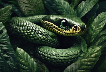 image, snake, eyes, coiled, foliage, eye, mythical, animal, lush, scale, head, reptile, nature, unique, dangerous, predator, picture, danger