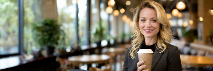 Portrait of smiling businesswoman holding disposable cup of coffee in cafe - 750924934