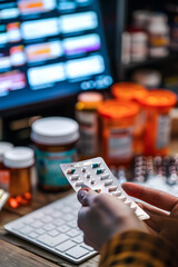 Délivrance des médicaments à la pharmacie avec contrôle sur l'ordinateur - obrazy, fototapety, plakaty