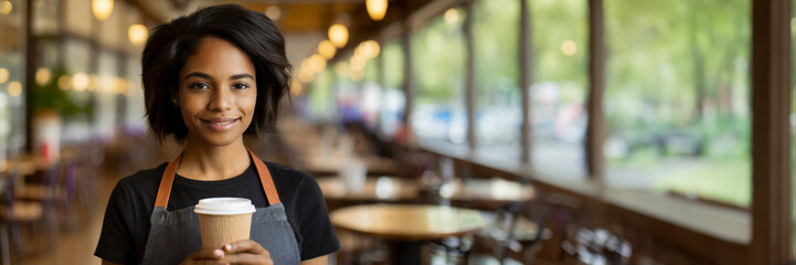 Portrait of smiling waitress holding coffee cup in cafe - 750924963