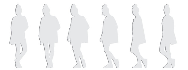 Vector concept conceptual gray paper cut silhouette of a young woman from different perspectives isolated on white background. A metaphor for youth, fashion, leisure and lifestyle