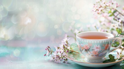 Fototapeta na wymiar Elegant floral tea cup on a spring morning