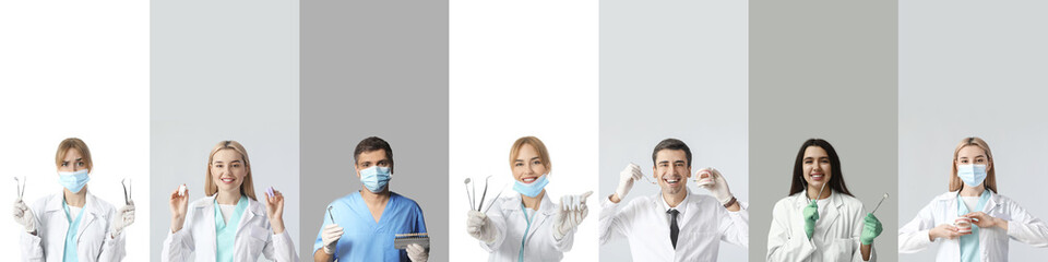 Collage of dentists on white and grey backgrounds