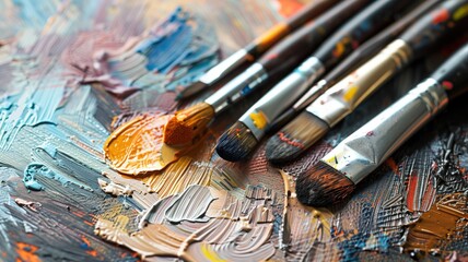 Close-up of paint brushes on a colorful palette with thick oil paint