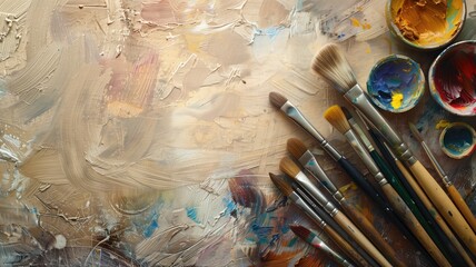 Oil paint brushes on a colorful abstract painting background