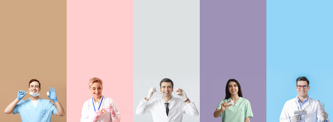 Collage of dentists on color background
