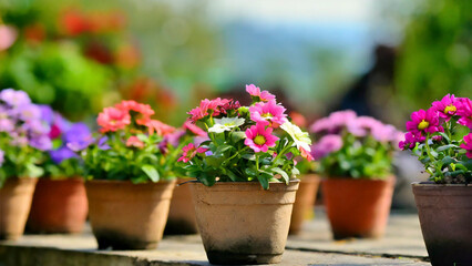 Colorful flowers in pots on wooden table in garden for sale in spring summer season. Selective focus. - 750925171
