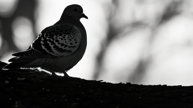 a black and white photo of a bird sitting on a tree branch in the sun with a blurry background.