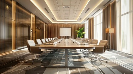 Large modern hotel conference room with high-tech equipment, long table, comfortable chairs and large panoramic windows - obrazy, fototapety, plakaty