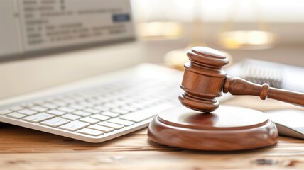A wooden gavel on a laptop keyboard, depicting law and online justice - obrazy, fototapety, plakaty