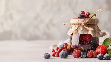 Artisanal mixed berry jam in a glass jar with fresh berries scattered around
