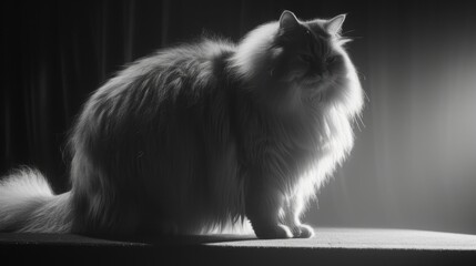 a black and white photo of a cat sitting on a table in a dark room with a curtain in the background.