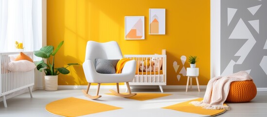 This room features yellow walls and white furniture, including a rocking chair with a white pillow and tables near it with a geometric carpet. The room is brightly decorated and welcoming for a baby.