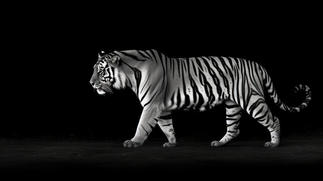 a black and white photo of a tiger on a dark background with a caption that reads, eat tiger.