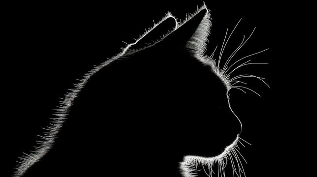 a black and white photo of a cat's face with its tail curled up and eyes closed in the dark.